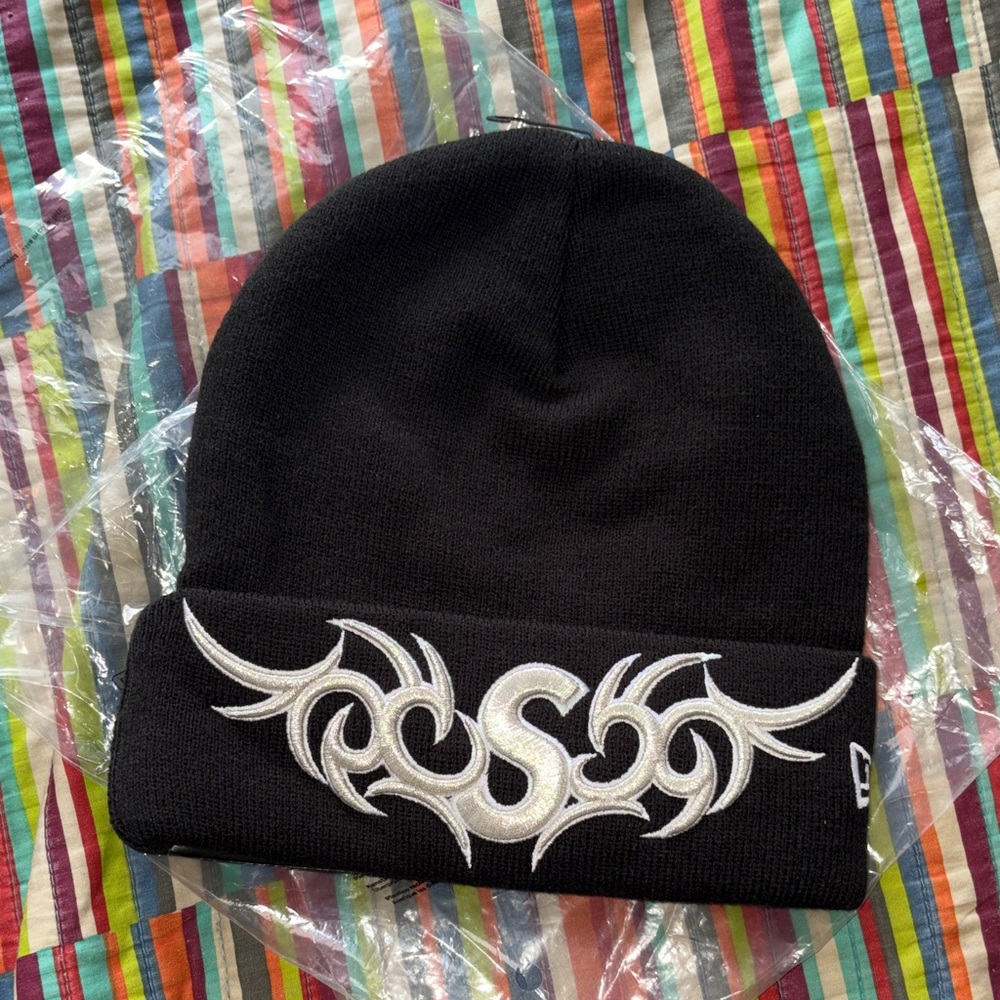 Supreme Black Beanie with Silver Tribal Patch new in bag fast shipping